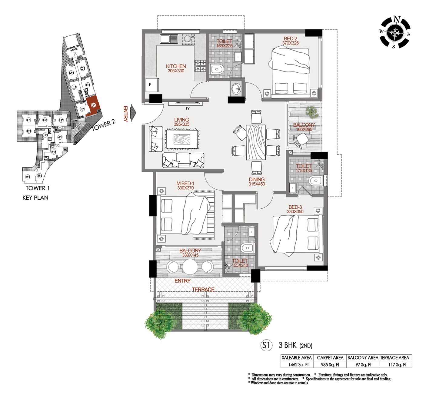 Spacious interiors of 3 BHK flats near Lulu Mall